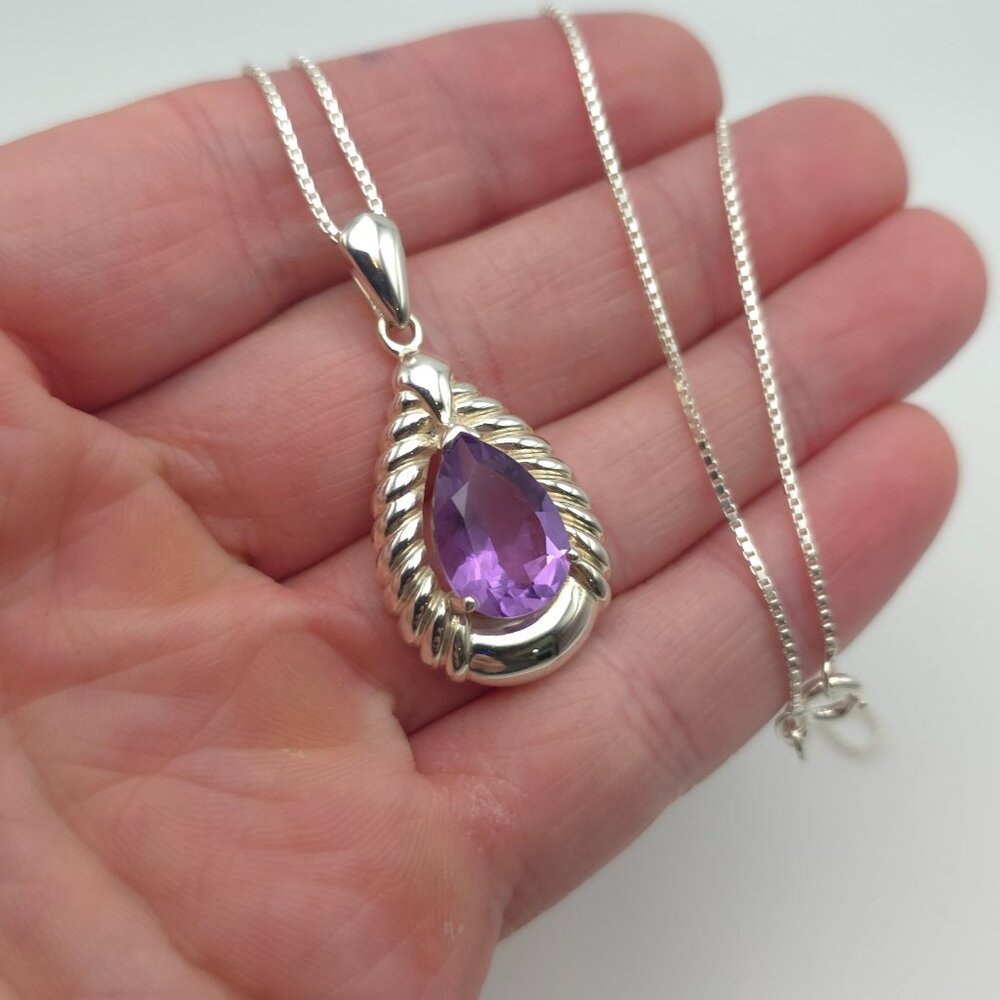 24 Inch 925 Sterling Silver Large Pear Amethyst Gem Pendant Necklace - Picture 3 of 8